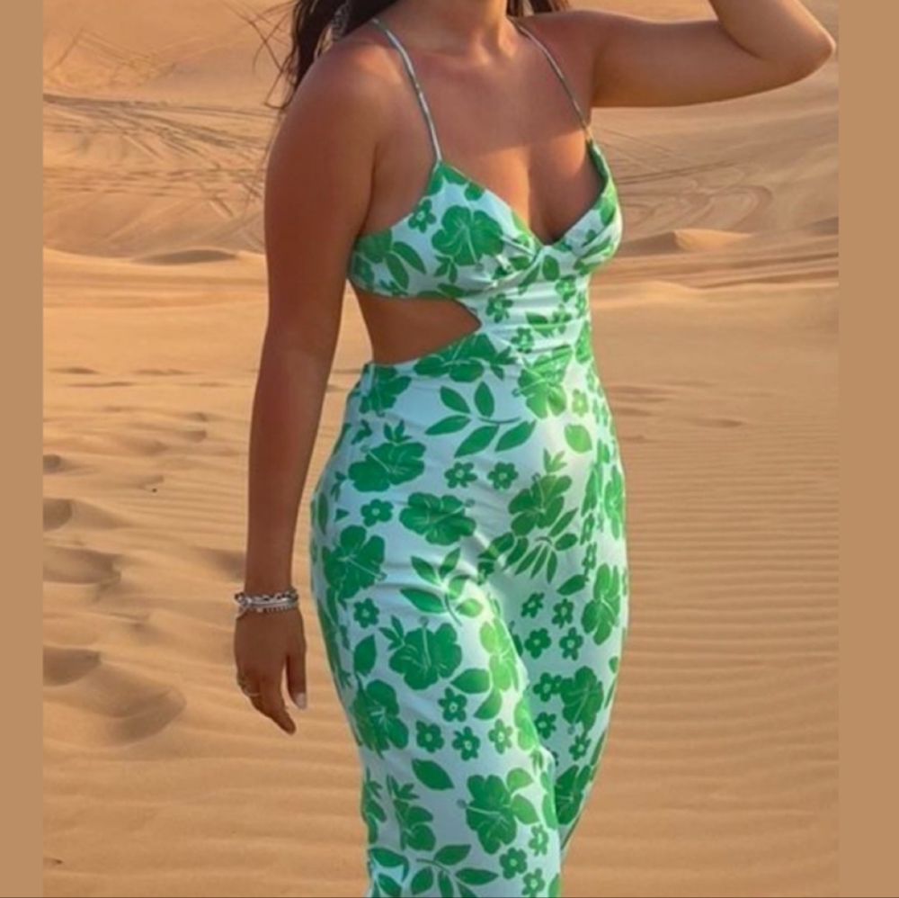 BNWOT Zara Green Tropical Floral Print Cutout Midi Spaghetti Back Dress sz XL